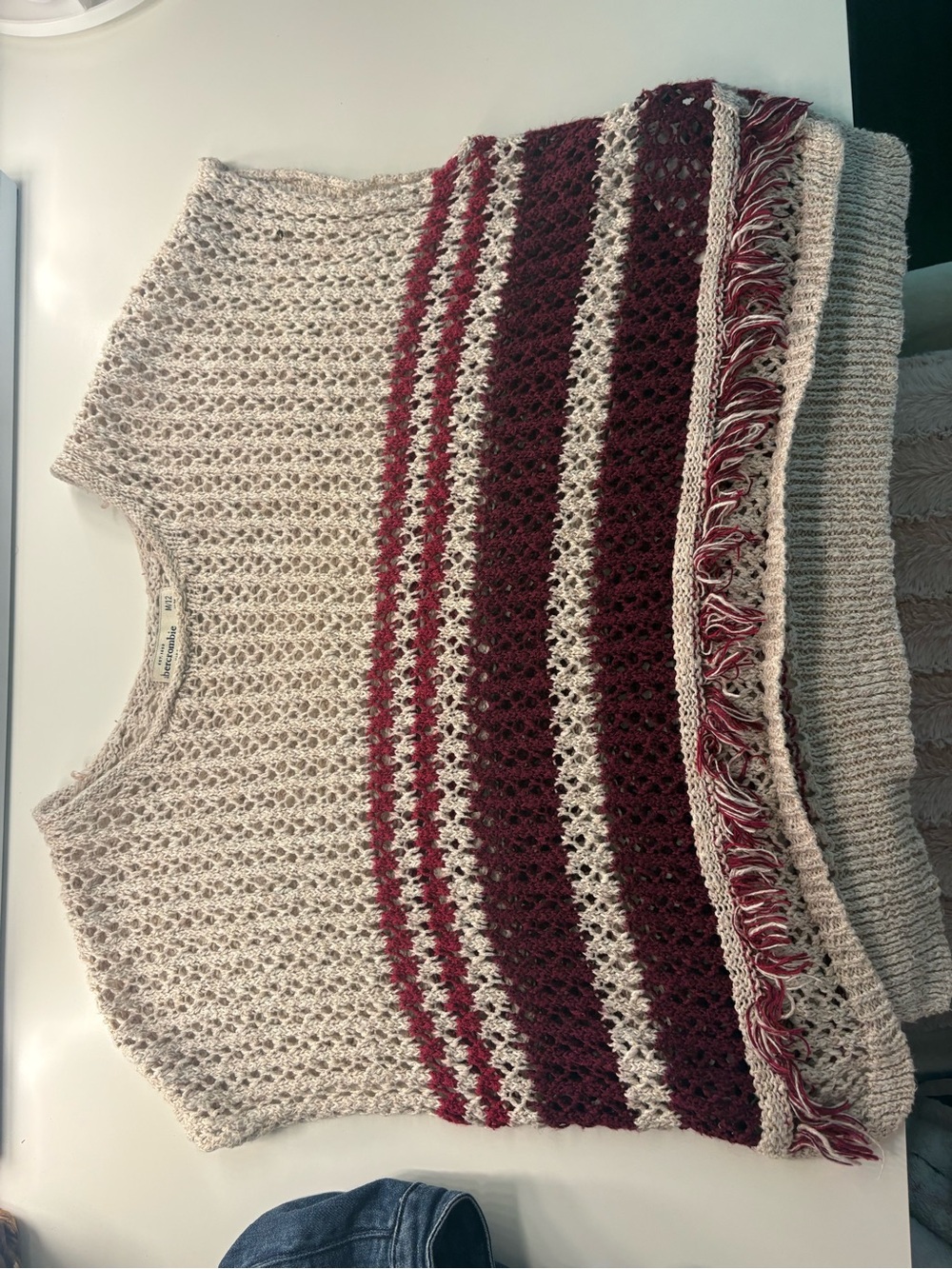abercrombie kids Cream and Burgundy Knit Fringe Sweater